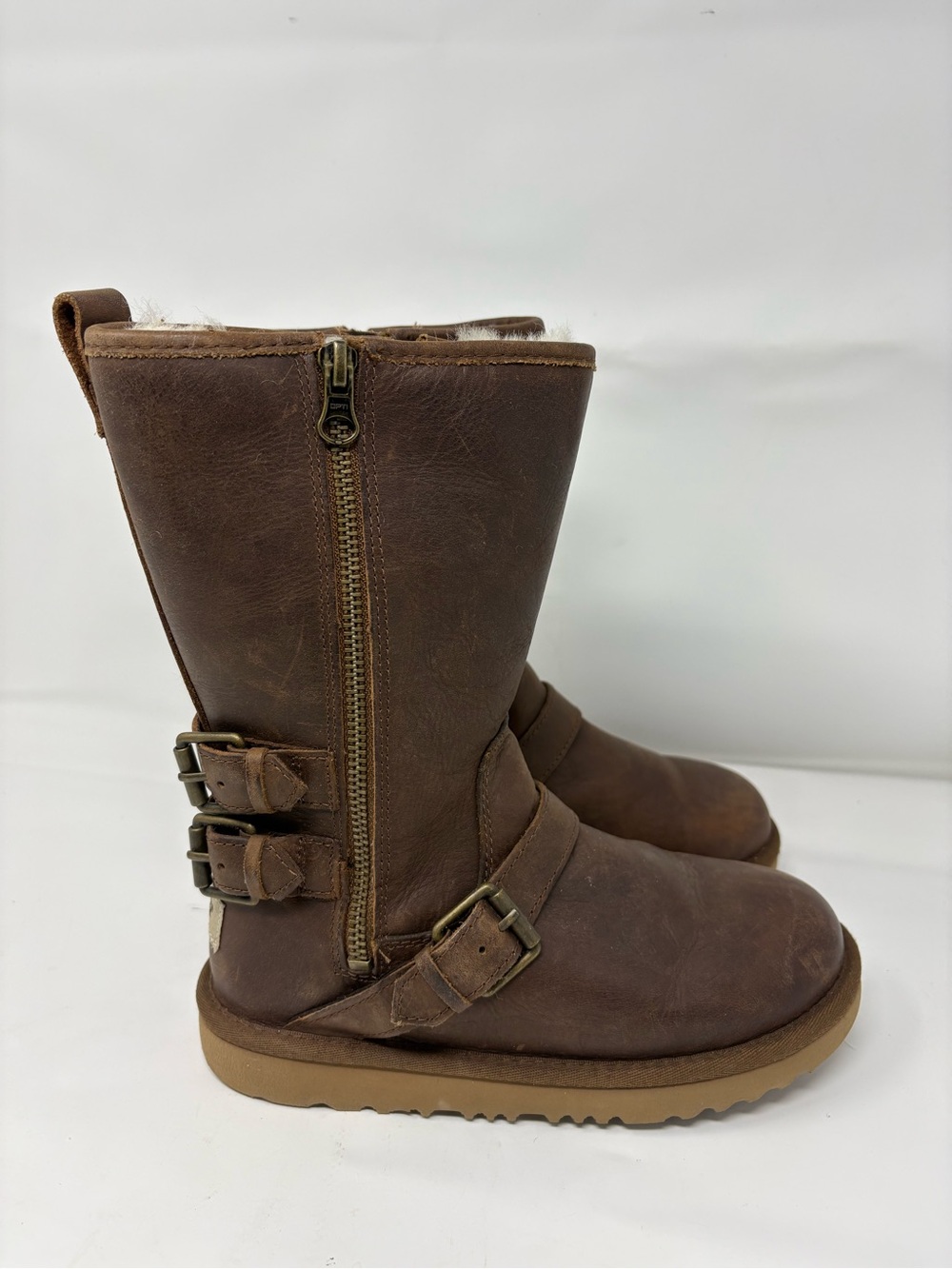 UGG Kaila Brown Mid Calf Side Zip Shearling Lined Winter Boots Youth Sz 2